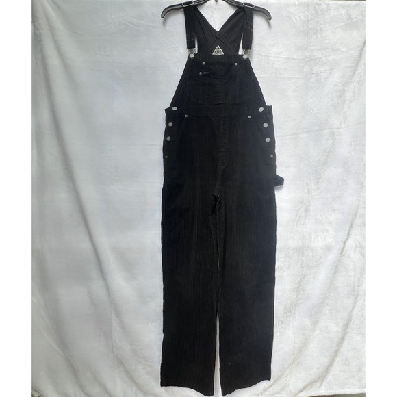 VTG Squeeze Bib Overalls Womens Large Black Corduroy Work Carpenter Farmer Chore - Picture 1 of 14